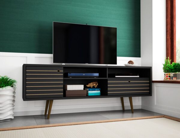 Manhattan Comfort Liberty 70.86" Mid-Century Modern TV Stand with 4 Shelving Spaces and 1 Drawer in Black