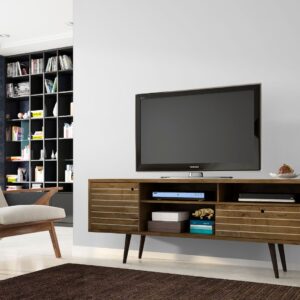 Manhattan Comfort Liberty 70.86" Mid-Century Modern TV Stand with 4 Shelving Spaces and 1 Drawer in Rustic Brown with Solid Wood Legs