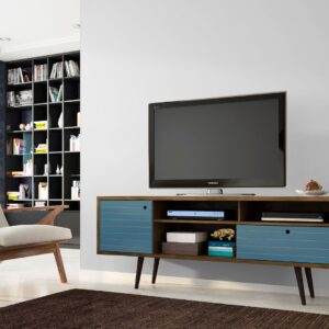 Manhattan Comfort Liberty 70.86" Mid-Century Modern TV Stand with 4 Shelving Spaces and 1 Drawer in Rustic Brown and Aqua Blue with Solid Wood Legs