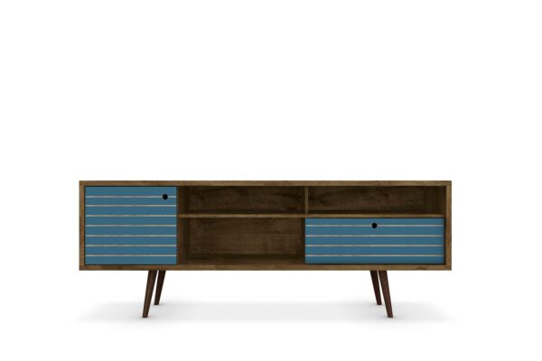 Manhattan Comfort Liberty 70.86" Mid-Century Modern TV Stand with 4 Shelving Spaces and 1 Drawer in Rustic Brown and Aqua Blue with Solid Wood Legs