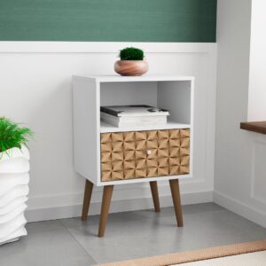 Manhattan Comfort Liberty Mid-Century Modern Nightstand 1.0 with 1 Cubby Space and 1 Drawer in White and 3D Brown Prints