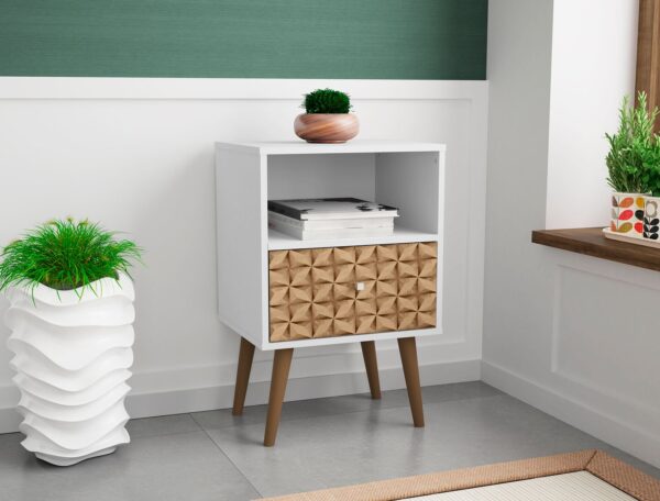 Manhattan Comfort Liberty Mid-Century Modern Nightstand 1.0 with 1 Cubby Space and 1 Drawer in White and 3D Brown Prints