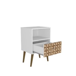 Manhattan Comfort Liberty Mid-Century Modern Nightstand 1.0 with 1 Cubby Space and 1 Drawer in White and 3D Brown Prints