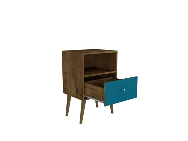 Manhattan Comfort Liberty Mid-Century Modern Nightstand 1.0 with 1 Cubby Space and 1 Drawer in Rustic Brown and Aqua Blue