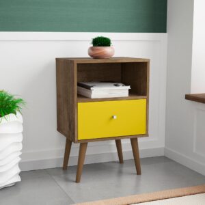 Manhattan Comfort Liberty Mid-Century Modern Nightstand 1.0 with 1 Cubby Space and 1 Drawer in Rustic Brown and Yellow