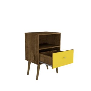 Manhattan Comfort Liberty Mid-Century Modern Nightstand 1.0 with 1 Cubby Space and 1 Drawer in Rustic Brown and Yellow