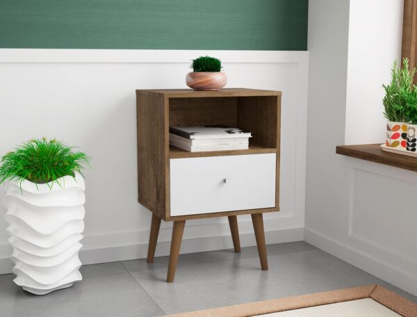 Manhattan Comfort Liberty Mid-Century Modern Nightstand 1.0 with 1 Cubby Space and 1 Drawer in Rustic Brown and White