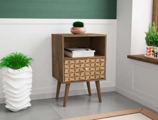 Manhattan Comfort Liberty Mid-Century Modern Nightstand 1.0 with 1 Cubby Space and 1 Drawer in Rustic Brown and 3D Brown Prints