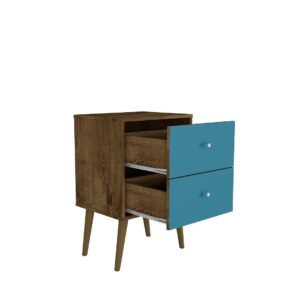 Manhattan Comfort Liberty Mid-Century Modern Nightstand 2.0 with 2 Full Extension Drawers in Rustic Brown and Aqua Blue