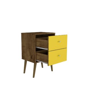 Manhattan Comfort Liberty Mid-Century Modern Nightstand 2.0 with 2 Full Extension Drawers in Rustic Brown and Yellow