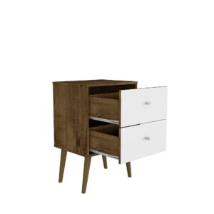 Manhattan Comfort Liberty Mid-Century Modern Nightstand 2.0 with 2 Full Extension Drawers in Rustic Brown and White