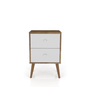 Manhattan Comfort Liberty Mid-Century Modern Nightstand 2.0 with 2 Full Extension Drawers in Rustic Brown and White