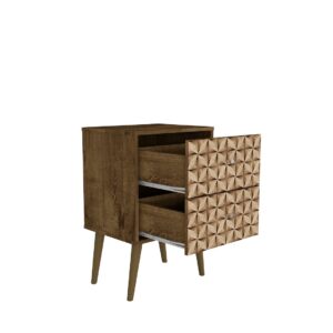 Manhattan Comfort Liberty Mid-Century Modern Nightstand 2.0 with 2 Full Extension Drawers in Rustic Brown and 3D Brown Prints