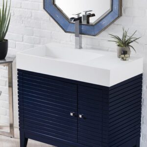 James Martin 210-V36-VBL-GW Linear 36 Inch Single Vanity in Victory Blue with Glossy White Solid Surface Top