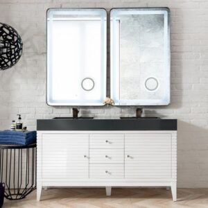 James Martin 210-V59D-GW-DGG Linear 59 Inch Double Vanity in Glossy White with Glossy Dark Gray Solid Surface Top