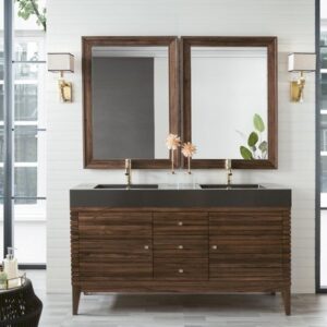 James Martin 210-V59D-WLT-DGG Linear 59 Inch Double Vanity in Mid Century Walnut with Glossy Dark Gray Solid Surface Top