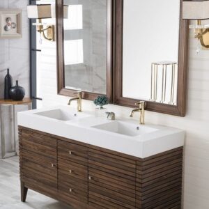 James Martin 210-V59D-WLT-GW Linear 59 Inch Double Vanity in Mid Century Walnut with Glossy White Solid Surface Top