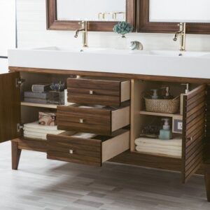 James Martin 210-V59D-WLT-GW Linear 59 Inch Double Vanity in Mid Century Walnut with Glossy White Solid Surface Top