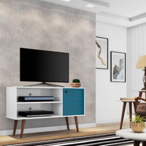 Manhattan Comfort Liberty 42.52" Mid-Century Modern TV Stand with 2 Shelves and 1 Door in White and Aqua Blue