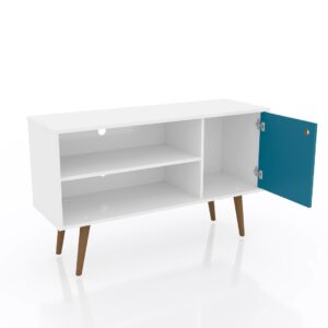 Manhattan Comfort Liberty 42.52" Mid-Century Modern TV Stand with 2 Shelves and 1 Door in White and Aqua Blue