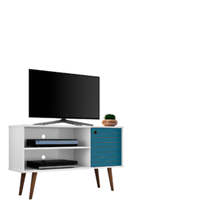 Manhattan Comfort Liberty 42.52" Mid-Century Modern TV Stand with 2 Shelves and 1 Door in White and Aqua Blue