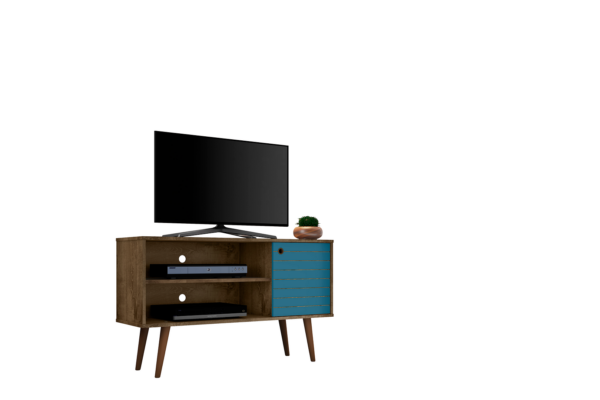 Manhattan Comfort Liberty 42.52" Mid-Century Modern TV Stand with 2 Shelves and 1 Door in Rustic Brown and Aqua Blue