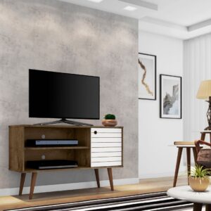 Manhattan Comfort Liberty 42.52" Mid-Century Modern TV Stand with 2 Shelves and 1 Door in Rustic Brown and White