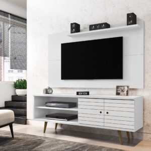 Manhattan Comfort Liberty 62.99 Mid-Century Modern TV Stand and Panel with Solid Wood Legs in White