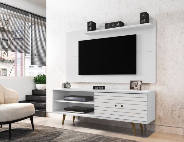 Manhattan Comfort Liberty 62.99 Mid-Century Modern TV Stand and Panel with Solid Wood Legs in White