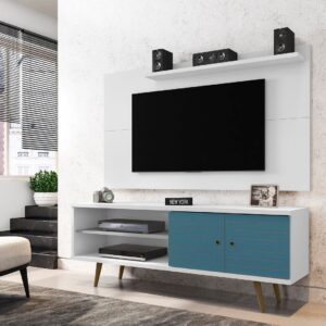 Manhattan Comfort Liberty 62.99 Mid-Century Modern TV Stand and Panel with Solid Wood Legs in White and Aqua Blue