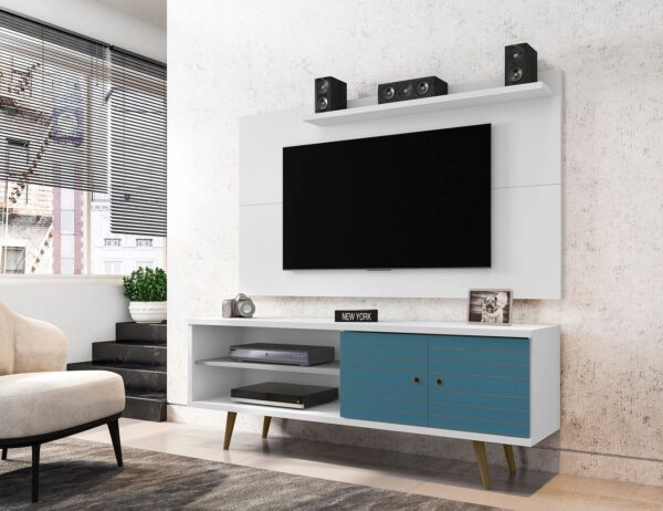 Manhattan Comfort Liberty 62.99 Mid-Century Modern TV Stand and Panel with Solid Wood Legs in White and Aqua Blue