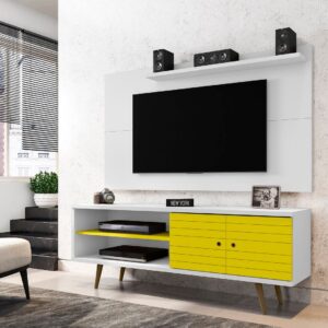 Manhattan Comfort Liberty 62.99 Mid-Century Modern TV Stand and Panel with Solid Wood Legs in White and Yellow