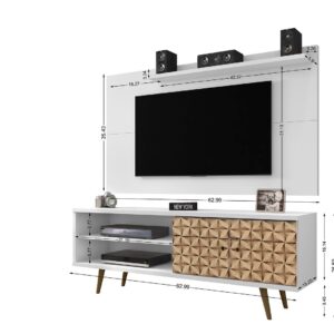 Manhattan Comfort Liberty 62.99 Mid-Century Modern TV Stand and Panel with Solid Wood Legs in White and 3D Brown Prints