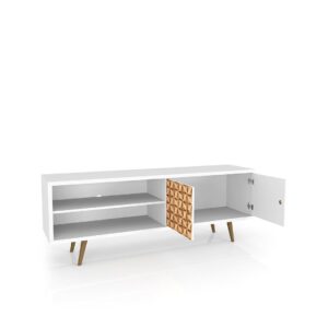 Manhattan Comfort Liberty 62.99 Mid-Century Modern TV Stand and Panel with Solid Wood Legs in White and 3D Brown Prints