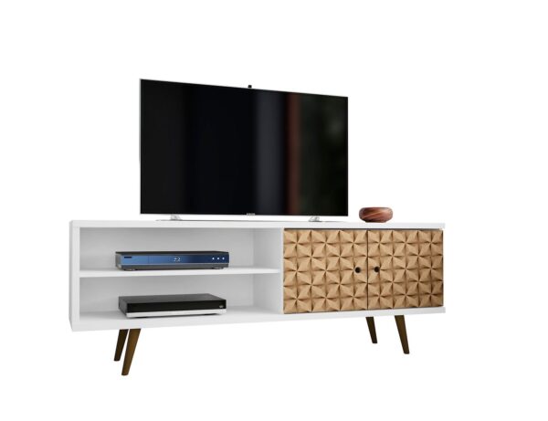 Manhattan Comfort Liberty 62.99 Mid-Century Modern TV Stand and Panel with Solid Wood Legs in White and 3D Brown Prints