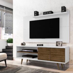 Manhattan Comfort Liberty 62.99 Mid-Century Modern TV Stand and Panel with Solid Wood Legs in White and Rustic Brown