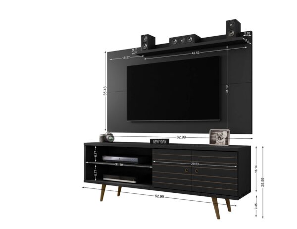 Manhattan Comfort Liberty 62.99 Mid-Century Modern TV Stand and Panel with Solid Wood Legs in Black