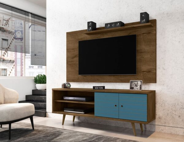 Manhattan Comfort Liberty 62.99 Mid-Century Modern TV Stand and Panel with Solid Wood Legs in Rustic Brown and Aqua Blue