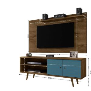 Manhattan Comfort Liberty 62.99 Mid-Century Modern TV Stand and Panel with Solid Wood Legs in Rustic Brown and Aqua Blue