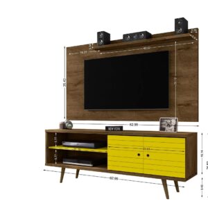 Manhattan Comfort Liberty 62.99 Mid-Century Modern TV Stand and Panel with Solid Wood Legs in Rustic Brown and Yellow