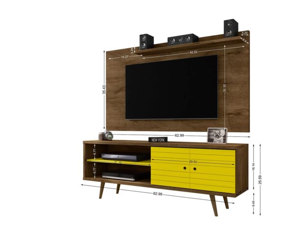 Manhattan Comfort Liberty 62.99 Mid-Century Modern TV Stand and Panel with Solid Wood Legs in Rustic Brown and Yellow