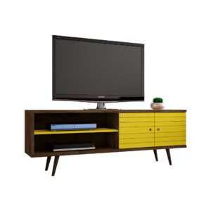 Manhattan Comfort Liberty 62.99 Mid-Century Modern TV Stand and Panel with Solid Wood Legs in Rustic Brown and Yellow