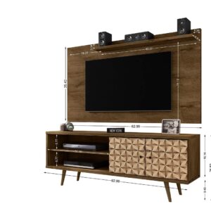 Manhattan Comfort Liberty 62.99 Mid-Century Modern TV Stand and Panel with Solid Wood Legs in Rustic Brown and 3D Brown Prints