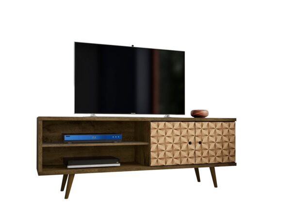 Manhattan Comfort Liberty 62.99 Mid-Century Modern TV Stand and Panel with Solid Wood Legs in Rustic Brown and 3D Brown Prints