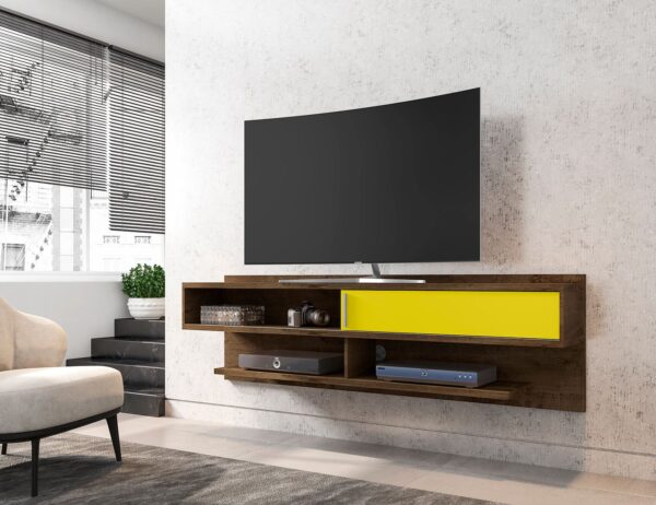 Manhattan Comfort Astor 70.86 Modern Floating Entertainment Center 1.0 with Media Shelves in Rustic Brown and Yellow