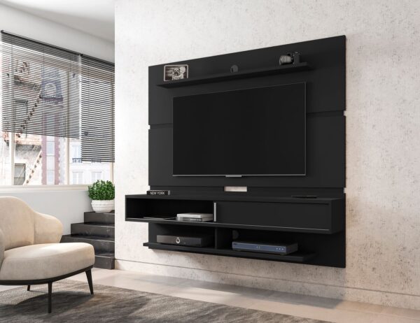 Manhattan Comfort Astor 70.86 Modern Floating Entertainment Center 2.0 with Media and D?cor Shelves in Black