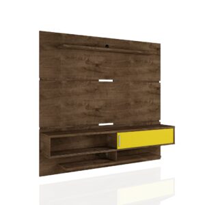 Manhattan Comfort Astor 70.86 Modern Floating Entertainment Center 2.0 with Media and D?cor Shelves in Rustic Brown and Yellow