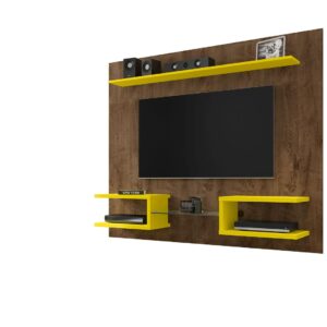 Manhattan Comfort Plaza 64.25 Modern Floating Wall Entertainment Center with Display Shelves in Rustic Brown and Yellow