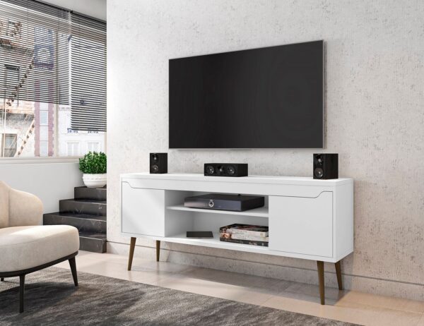 Manhattan Comfort Bradley 62.99 TV Stand White with 2 Media Shelves and 2 Storage Shelves in White with Solid Wood Legs