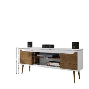 Manhattan Comfort Bradley 62.99 TV Stand White and Rustic Brown with 2 Media Shelves and 2 Storage Shelves in White and Rustic Brown with Solid Wood Legs